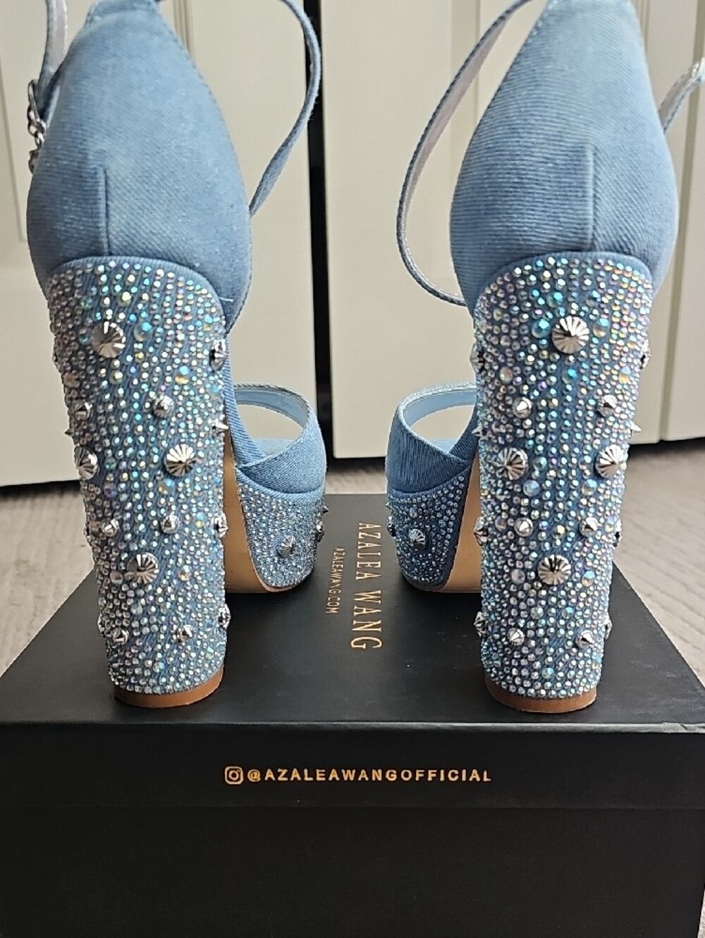 Light Blue Platform Ankle-Strap High Heels with Rhinestone Embellishment - Picture 4 of 10